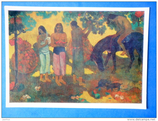 painting by Paul Gauguin - Gathering Fruit , 1899 - women - horse - dogs - french art - unused - JH Postcards