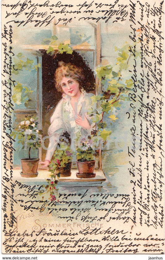 Gruss aus der Sommerfrische - woman - window - illustration - old postcard - 1903 - used - JH Postcards