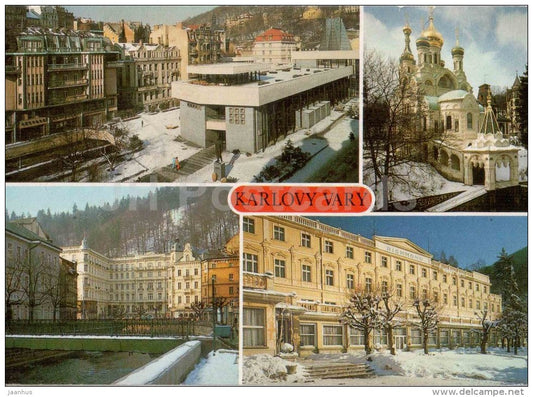 Karlovy Vary - Karlsbad - spa - Spring colonnade - Orthodox Church - grandhotel Puppo Czechoslovakia - Czech - used 1994 - JH Postcards
