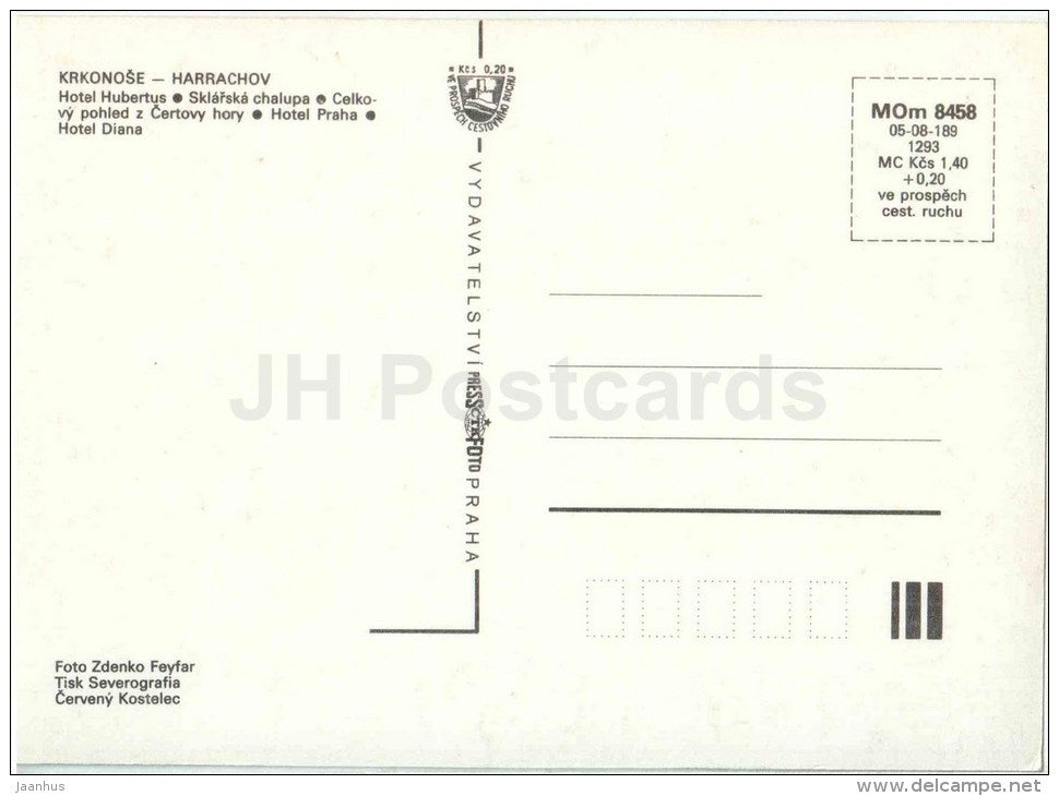 hotel Hubertus - Sklarska cottage - hotel Praha - hotel Diana - Harrachov - Czech - Czechoslovakia - unused - JH Postcards