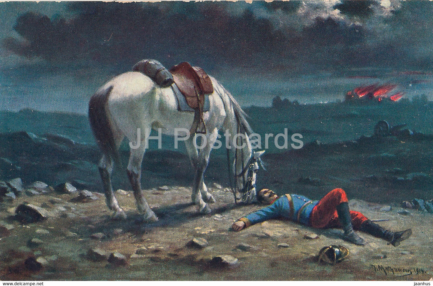 painting by Josef Mathauser - Guter Freund - Horse - Soldier - military - Czech art - old postcard - unused - JH Postcards