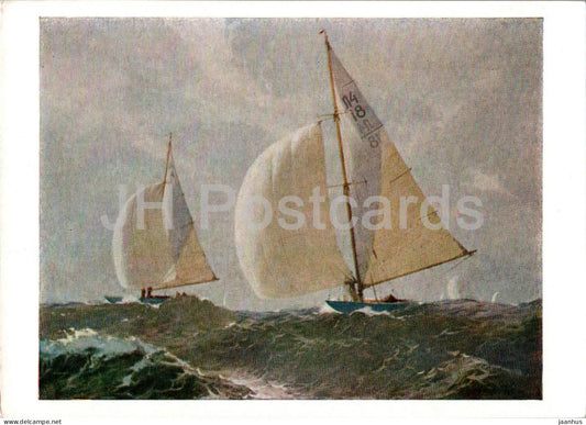 painting by E. Kalnins - Seventh Baltic Regatta 1953 - sailing boat - sport - Latvian art - 1963 - Russia USSR - unused - JH Postcards