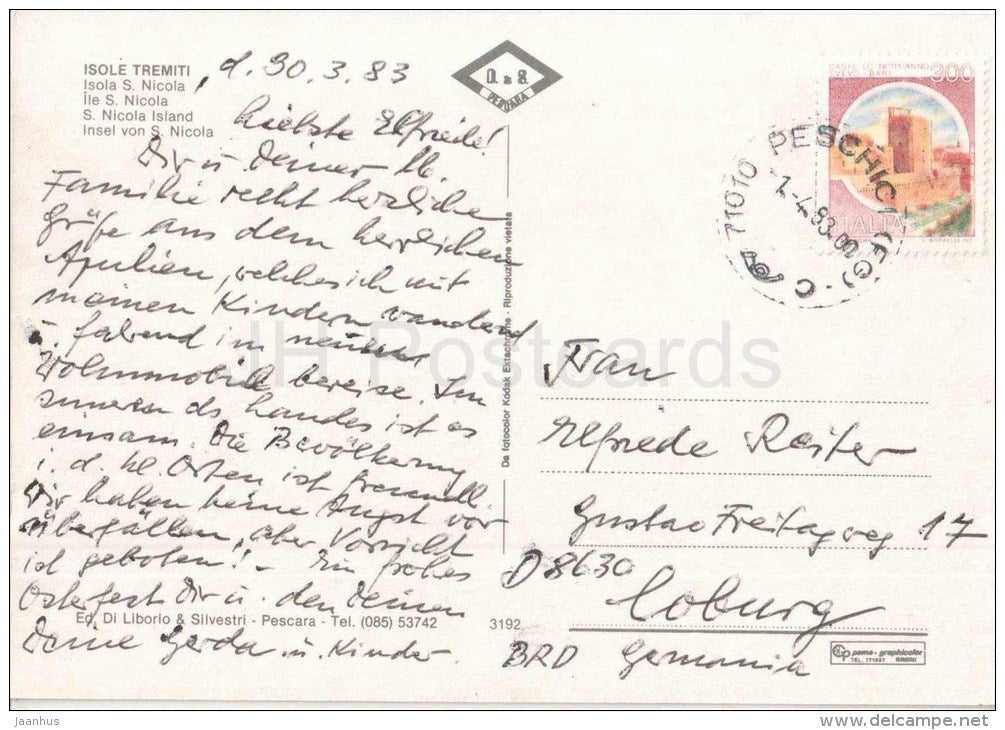 Isola S. Nicola - Isole Tremiti - Foggia - Puglia - 3192 - Italia - Italy - sent from Italy to Germany 1983 - JH Postcards