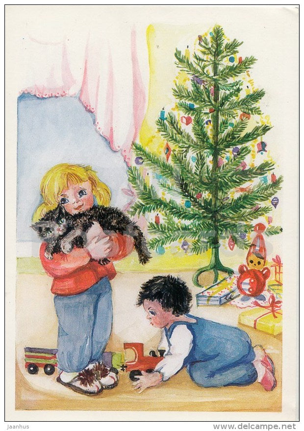 Christmas Greeting card by K. Kaprasova - children - cat - christmas tree - gifts - 1993 - Czech Republic - used - JH Postcards