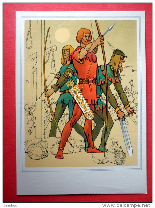 illustration by A. Blokh , L. Korsakov - Friar Tuck , Little John - bow - Robin Hood - 1975 - Russia USSR - unused - JH Postcards