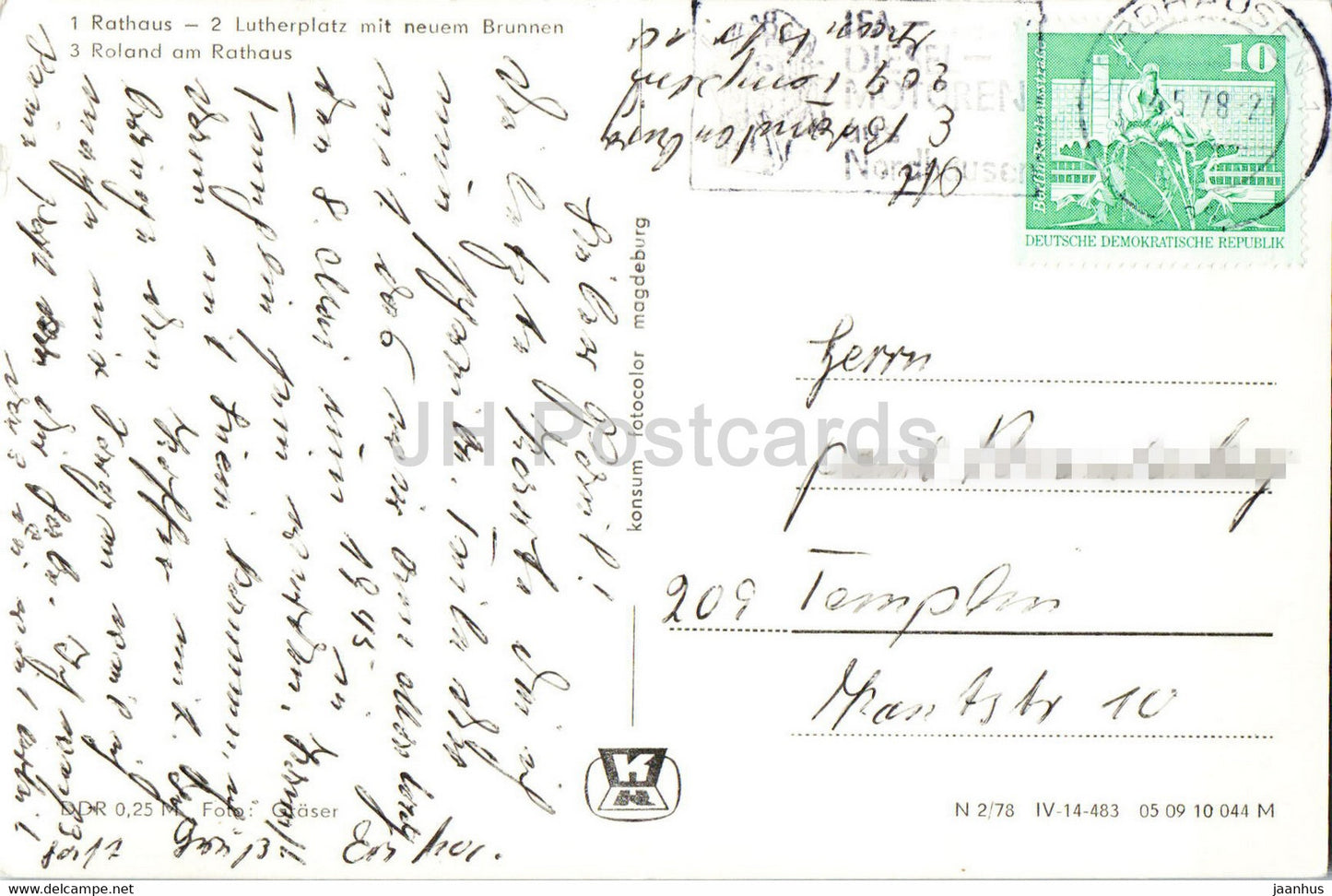 Nordhausen - Rathaus - Lutherplatz - Roland am Rathaus - old postcard - 1978 - Germany DDR - used