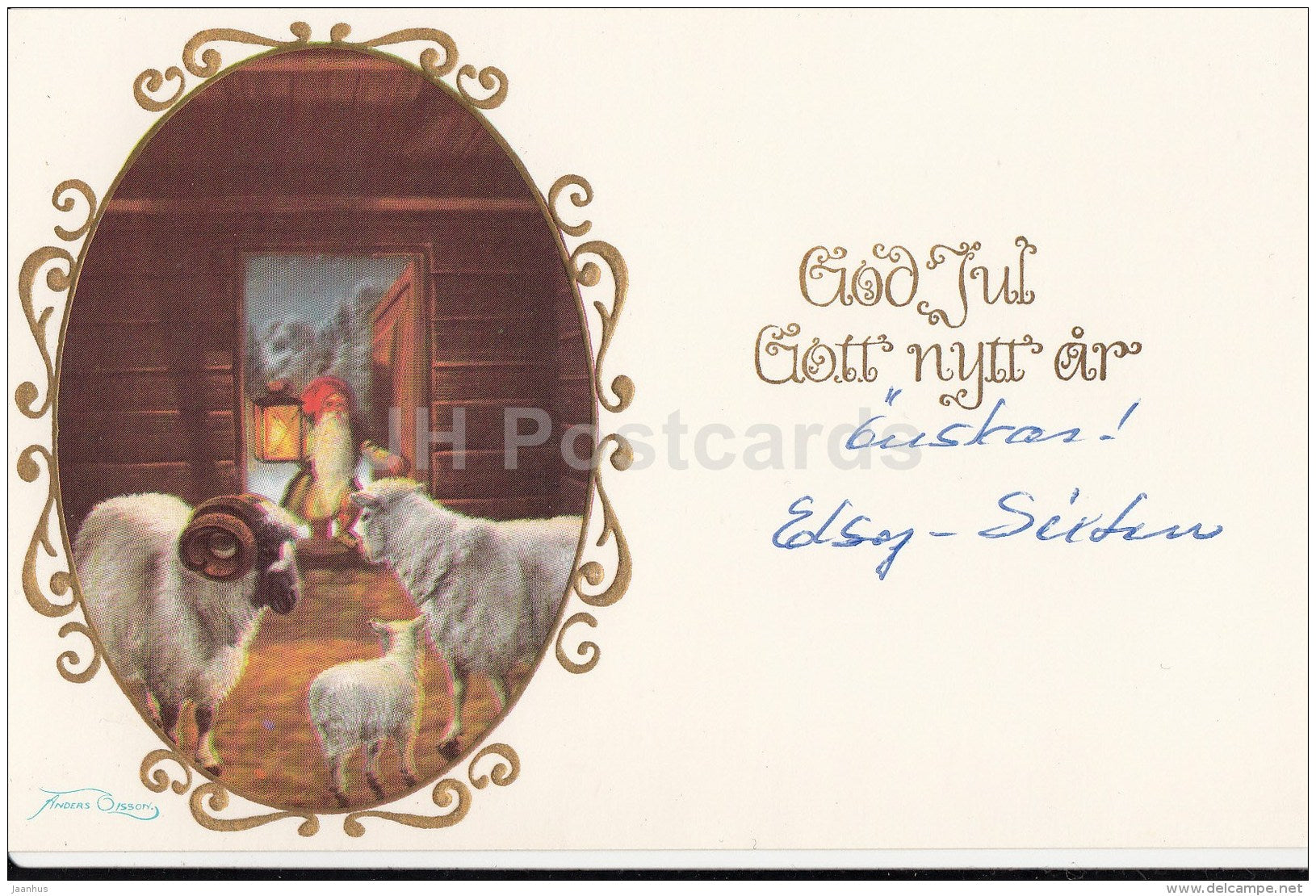 Christmas Greeting Card - sheep - gnome - Andreas Olsson - Sweden - used - JH Postcards