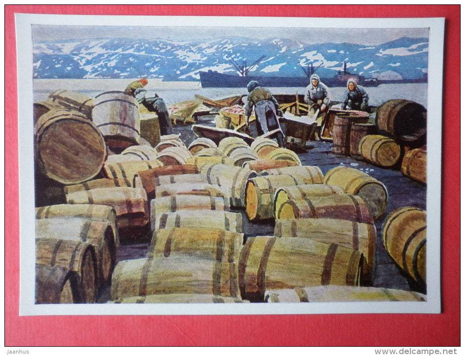painting by Myud Mechev - Fishing Harbor on the island of Shalim , 1964 - ship - women workers - russian art - unused - JH Postcards