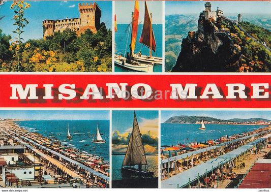 Misano Mare - beach - sailing boat - castle - multiview - Italy - 1960s - used - JH Postcards