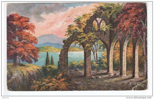 illustration by Fiebiger - ruins , sea - Amag 447 - old postcard - circulated in Estonia - used - JH Postcards