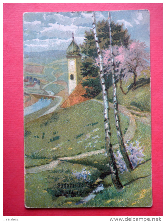 illustration - mountain - church - 4742 - circulated in Estonia 1924 - JH Postcards