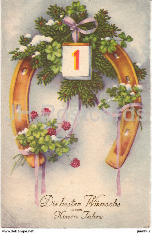 New Year Greeting Card - Die Besten Wunsche zum neuen Jahre - horseshoe - HWB SER - old postcard - 1933 - Germany - used - JH Postcards