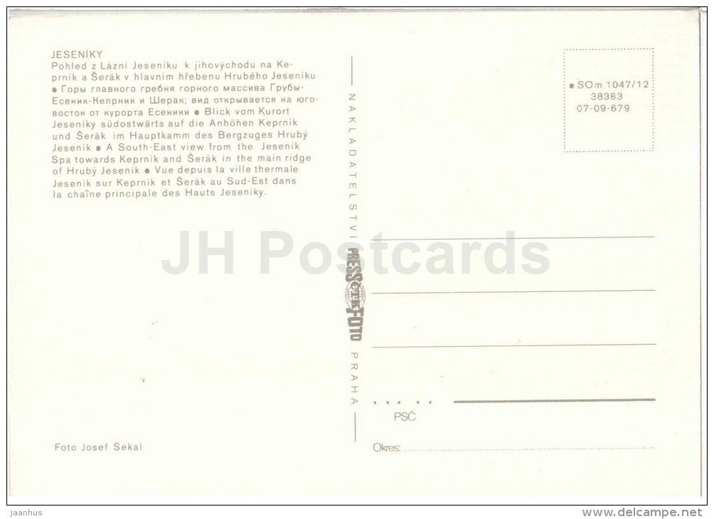 Jeseniky - A South-east view from the Jesenik Spa towards Keprnik and Serak - Czechoslovakia - Czech - unused - JH Postcards