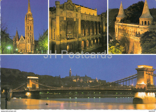 Budapest - Bridge - cathedral - night - multiview - Hungary - used - JH Postcards
