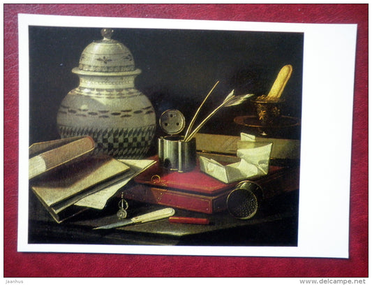 painting by Christoforo Monari , Still Life with writing Materials - knife - books - italian art - unused - JH Postcards