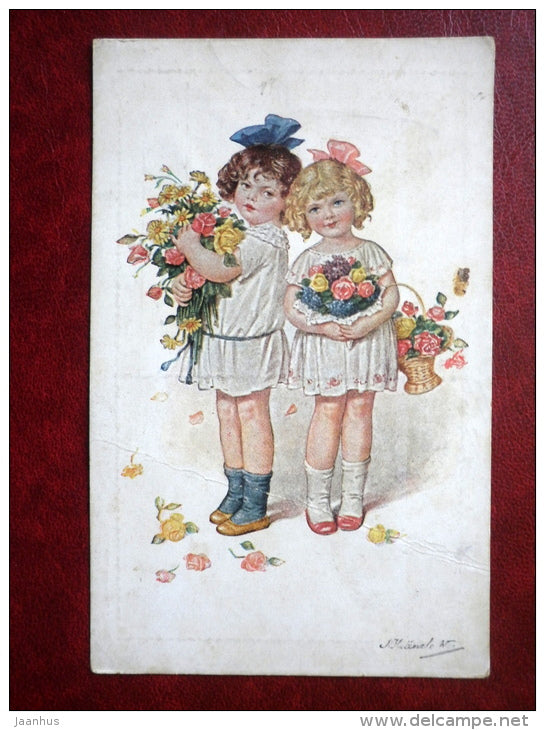 illustration by Kränzle - girls with flowers - old postcard - Austria - unused - JH Postcards