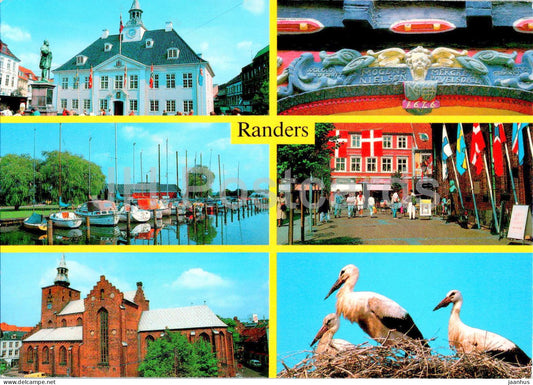 Randers - town hall - boat - church - birds - white stork - multiview - RA 7 - 1993 - Denmark - used - JH Postcards