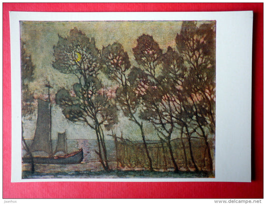 painting by Petras Kalpokas - Crescent Moon in Nida . 1926 - sailing boat - lithuanian art - unused - JH Postcards