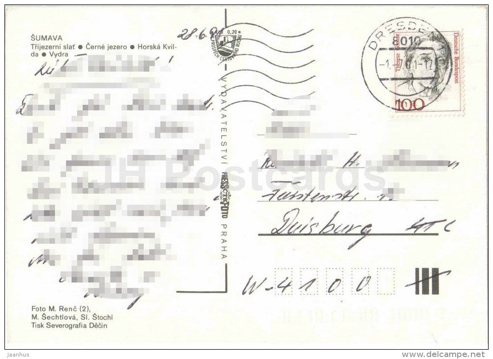 Sumava - Trijezerní moor - Cerne lake - Horska Kvilda - Vydra - Czechoslovakia - Czech - used 1991 - JH Postcards