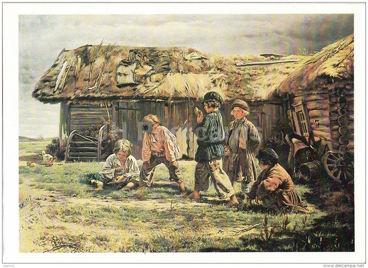 painting by I. Makovsky - Knucklebones , 1870 - children playing - Russian Art - 1987 - Russia USSR - unused - JH Postcards