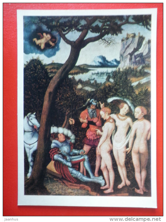 painting by Lucas Cranach the Elder . Judgment of Paris - horse - german art - unused - JH Postcards