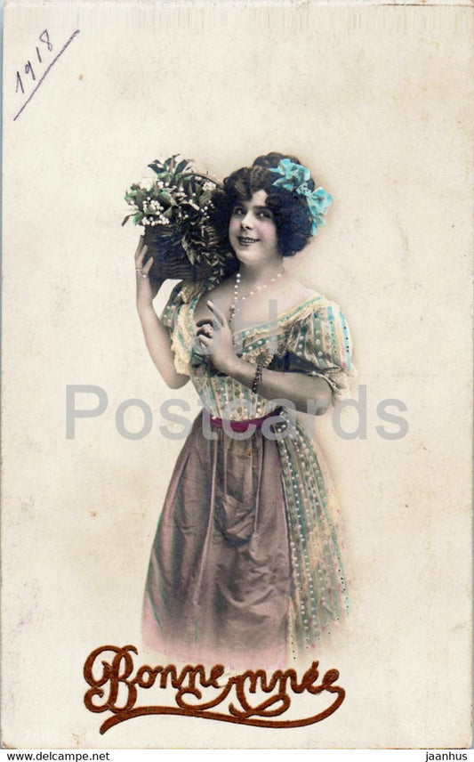 New Year Greeting Card - Bonne Annee - woman - flowers - old postcard - 1918 - France - used - JH Postcards