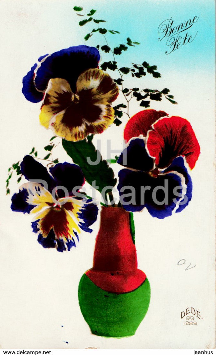 Greeting Card - Bonne Fete - flowers - pansy - DEDE 1289 - old postcard - 1927 - France - used - JH Postcards
