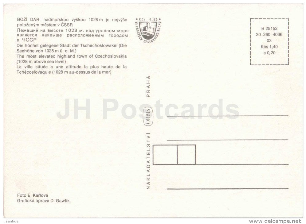 Bozi Dar - hotel Praha - Zeleny Dum - Klinovec - The most elevated highland town - Czechoslovakia - Czech - unused - JH Postcards