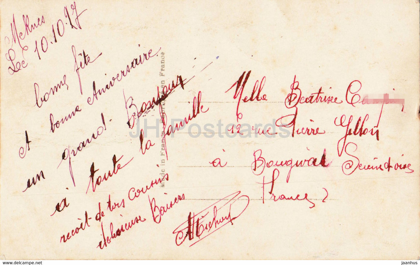 Grußkarte - Bonne Fete - Blumen - Stiefmütterchen - DEDE 1289 - alte Postkarte - 1927 - Frankreich - gebraucht