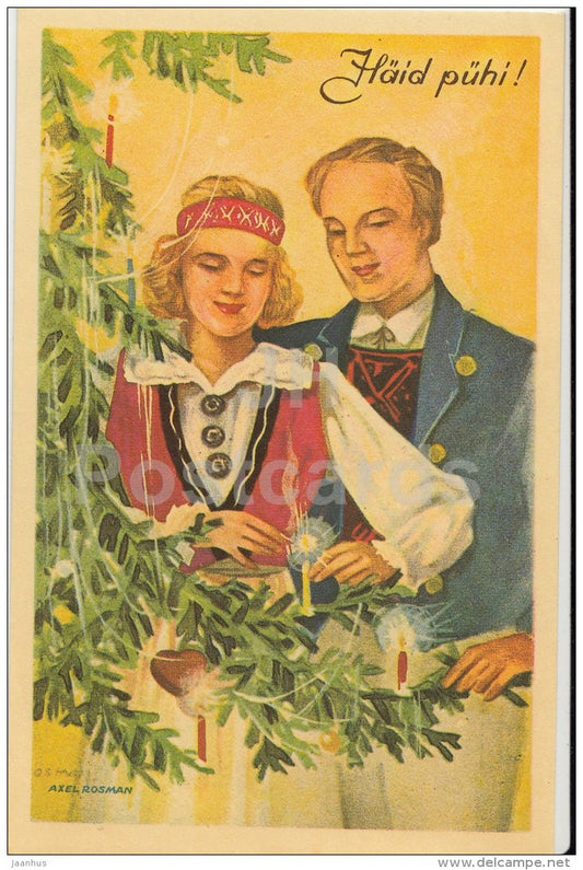 Christmas Greeting Card - people in Folk Costumes - christmas tree - REPRODUCTION ! - 1988 - Estonia USSR - used - JH Postcards