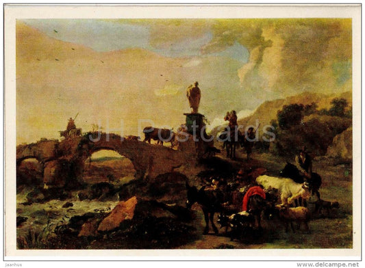 painting by Nicolaes Pieterszoon Berchem - Italian Landscape with Small Bridge , 1656 - donkey - dutch art - unused - JH Postcards
