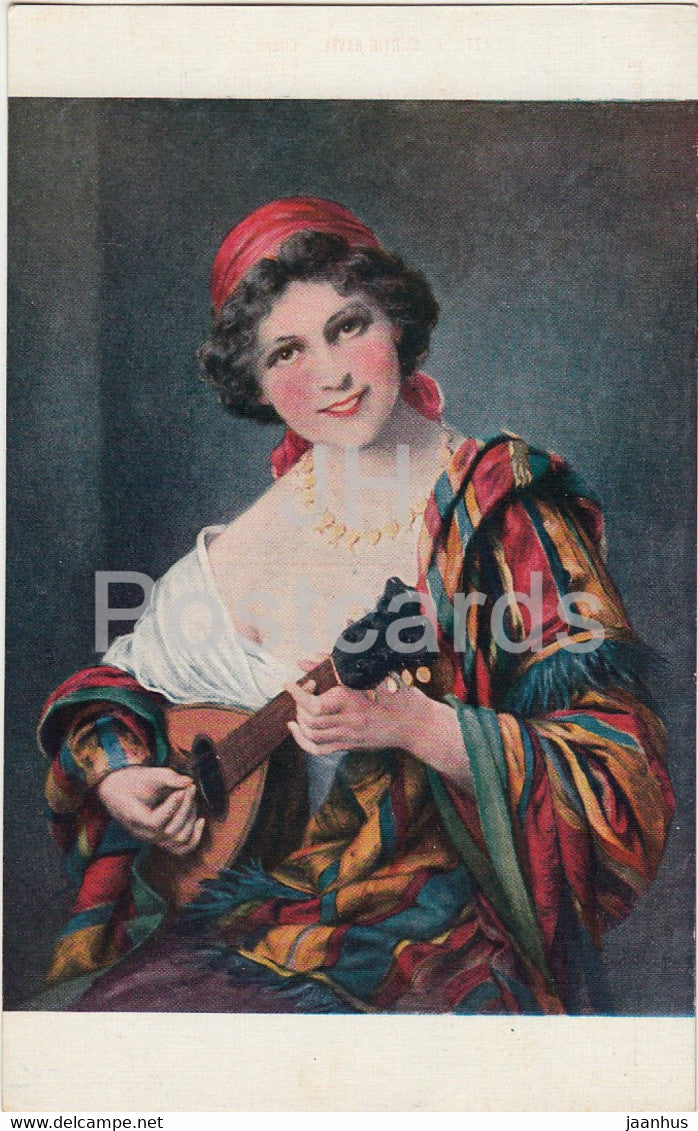 painting by Martin Kavel - Gitane - Gipsy - mandolin French art - Salon de Paris - 477 - old postcard - France - used - JH Postcards