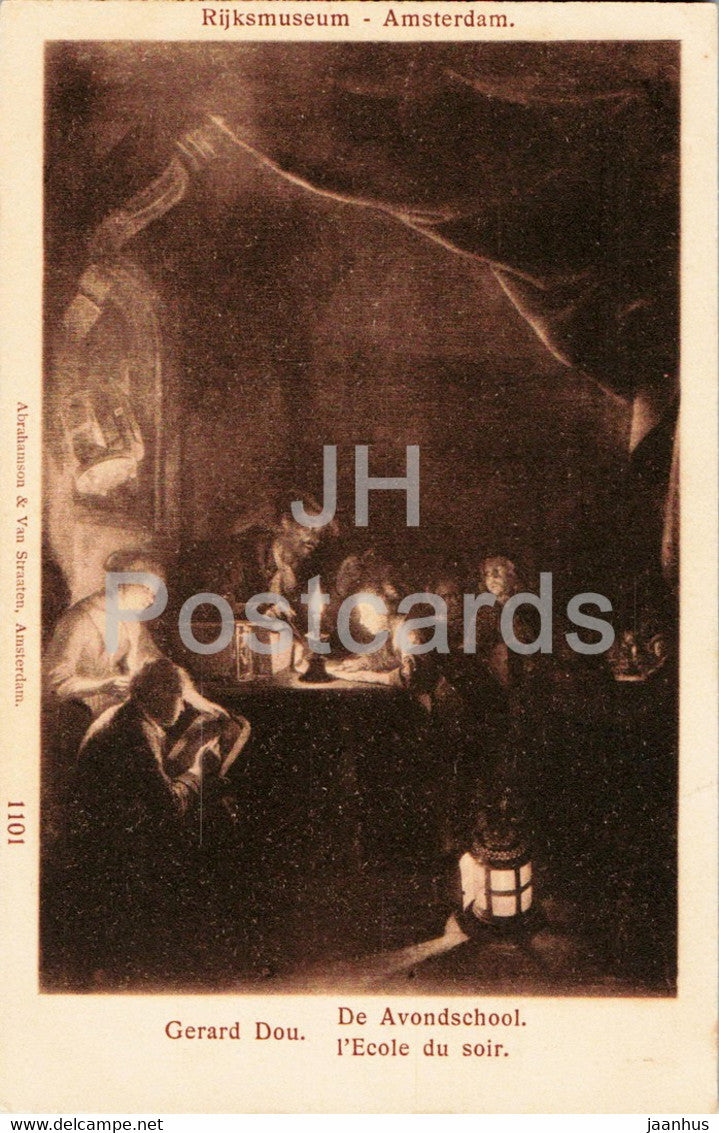 painting by Gerard Dou - Gerrit Dou - De Avondschool - Dutch art - 1101 - old postcard - Netherlands - unused - JH Postcards