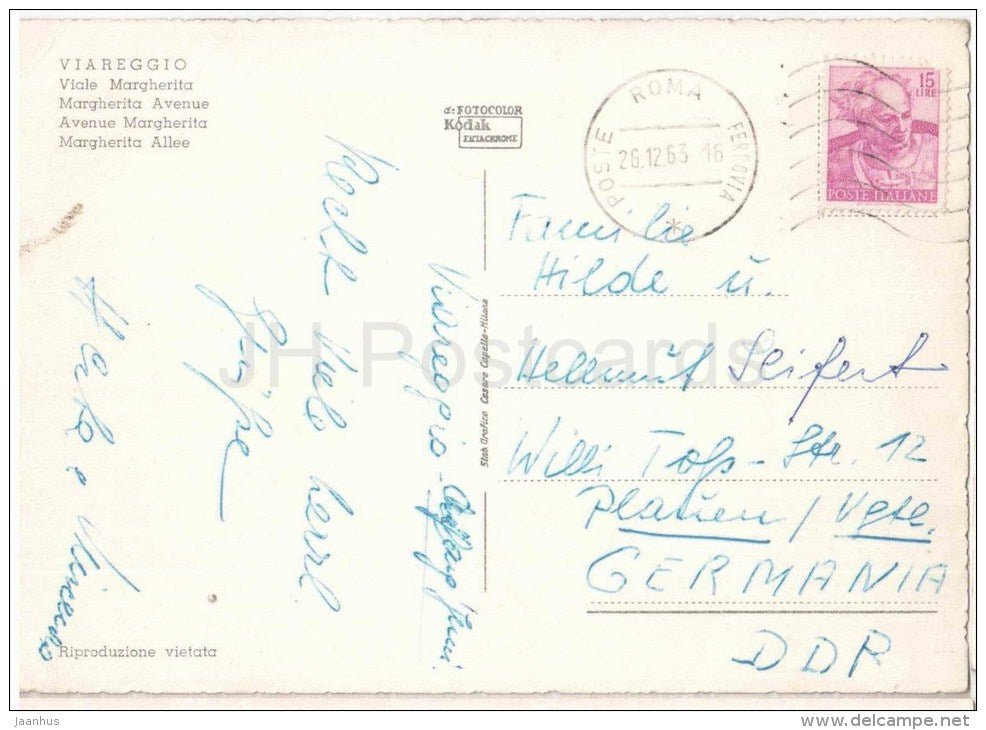 Viale Margherita - avenue - Viareggio - Toscana - Italia - Italy - sent from Italy Roma to Germany 1963 - JH Postcards