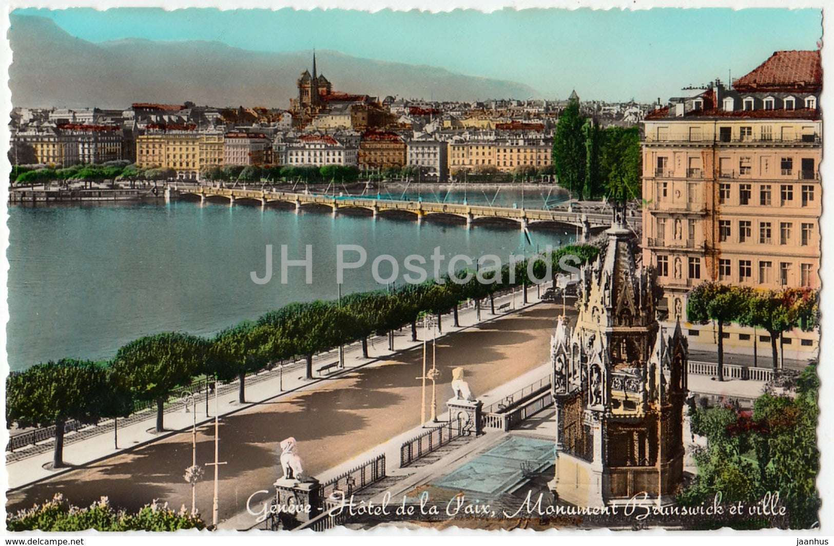 Geneva - Geneve - Hotel de la Paix - monument Brunswick et ville - bridge - 1956 - Switzerland - used - JH Postcards