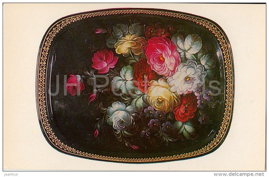 Tray by N. Mazhayev - Moonlit Night - flowers - Russian Hand-Painted Trays - 1981 - Russia USSR - unused - JH Postcards