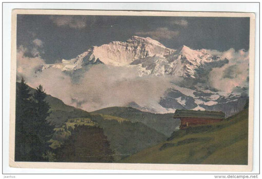 Die Jungfrau im Abendlicht - 5555 - mountain - house - Gyger & Klopfenstein - circulated in 1956 - Switzerland - use - JH Postcards