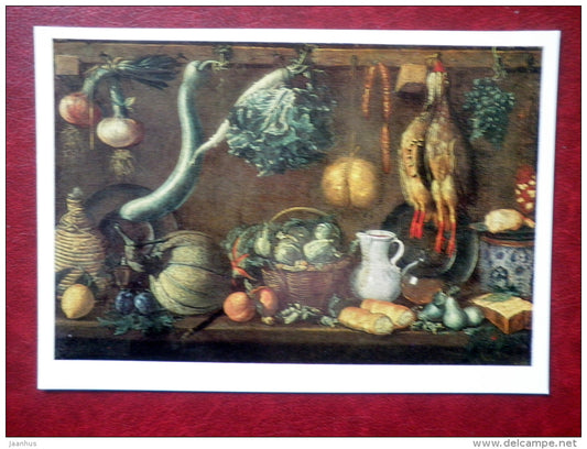 painting by Empoli , Still Life - pear - pumpkin - lemon - onion - cheese - bread - italian art - unused - JH Postcards