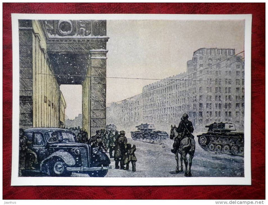 Engraving by Ivan Pavlov - moscow on the defensive - tanks - art - postcard printed in 1958 - Russia - USSR - unused - JH Postcards