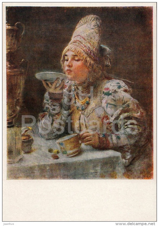 painting by K. Makovsky - Drinking Tea - woman - samovar - Russian art - 1957 - Russia USSR - unused - JH Postcards