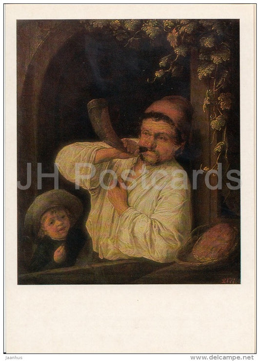 painting by Adriaen van Ostade - Baker , 1650 - horn - Dutch art - Russia USSR - 1985 - unused - JH Postcards