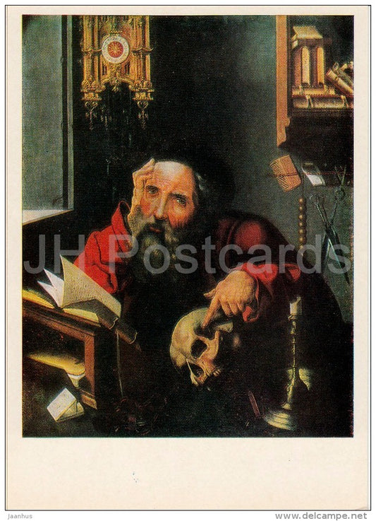painting by Unknown Artist - Holy Hieronymus - human skull - Dutch art - 1982 - Russia USSR - unused - JH Postcards