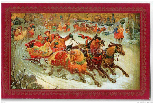 New Year Greeting Card by A. Tolstov - troika - horses - celebration - 1990 - Russia USSR - unused - JH Postcards