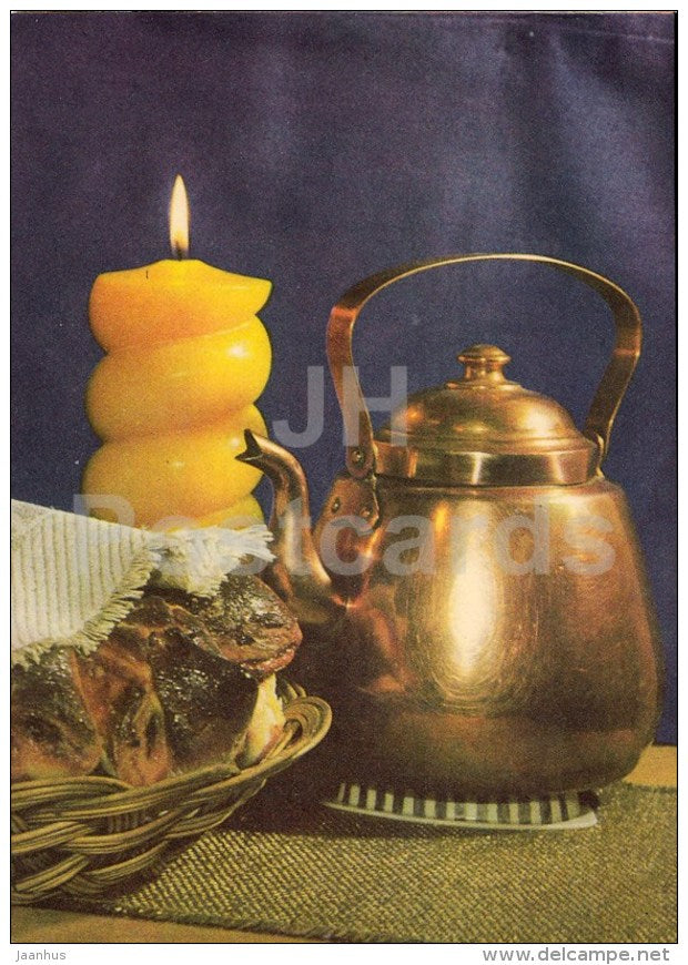 New Year Greeting card - 1 - teapot - candle - cake - 1970 - Estonia USSR - used - JH Postcards