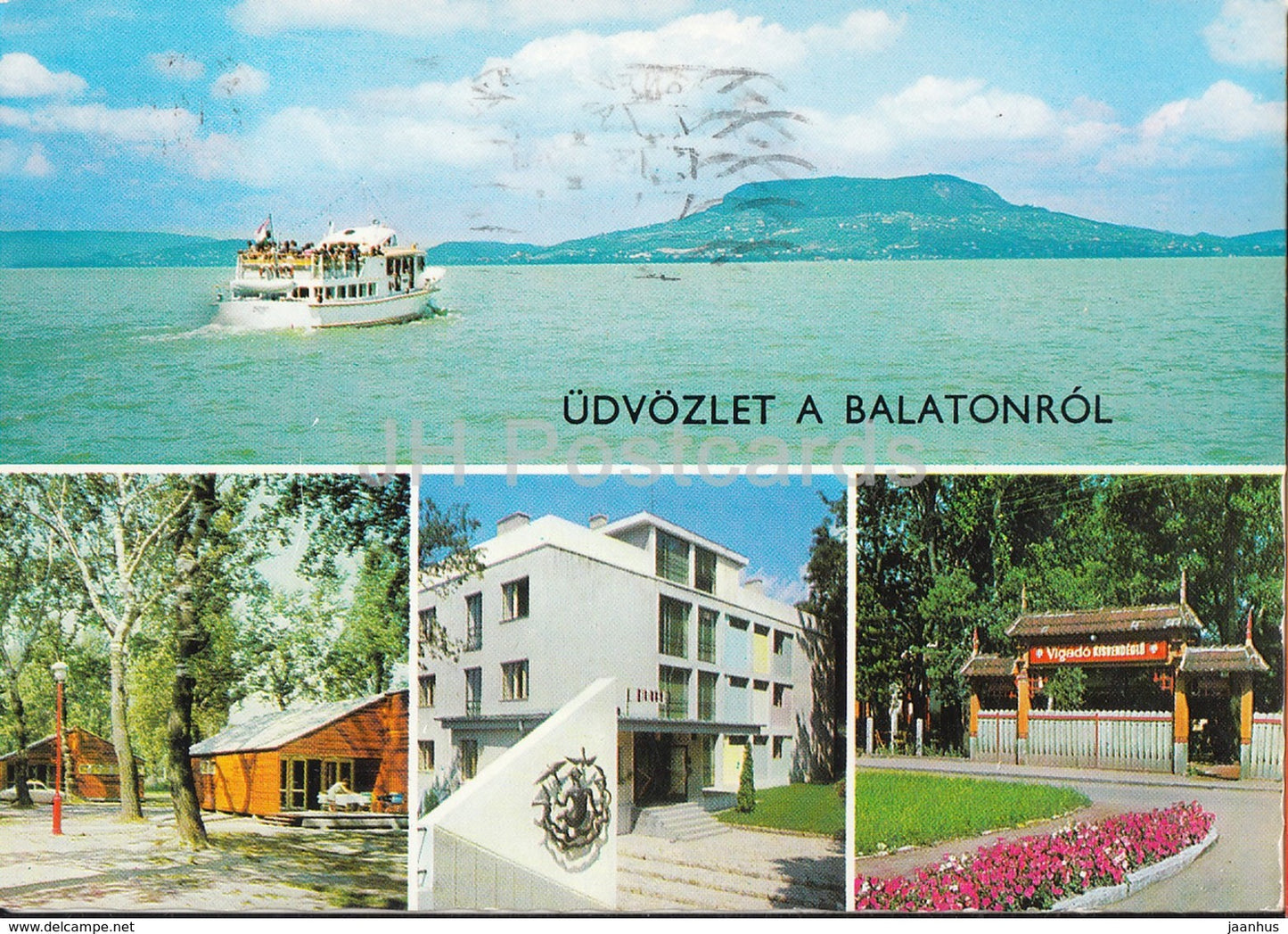 Greetings from the lake Balaton - boat - architecture - multiview - 1977 - Hungary - used - JH Postcards