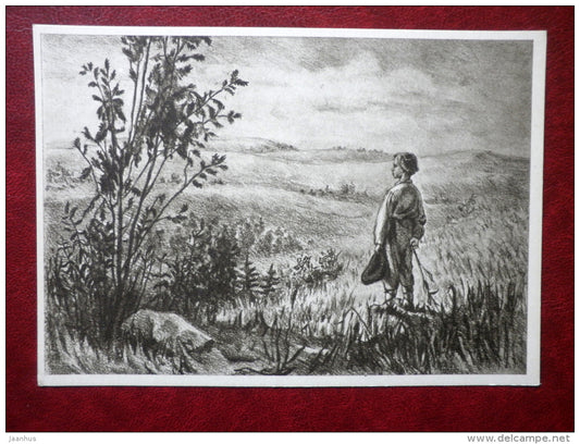 Young Kreutzwald browsing plowing furrows by H. Hirv - estonian writer Fr. R. Kreutzwald - estonian art  - unused - JH Postcards