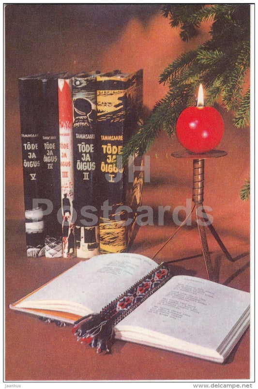 New Year Greeting card - candle - books - 1972 - Estonia USSR - unused - JH Postcards