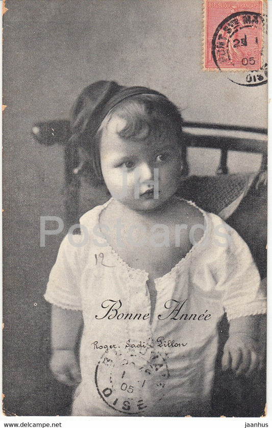 New Year Greeting Card - Bonne Annee - child - old postcard - 1905 - France - used - JH Postcards
