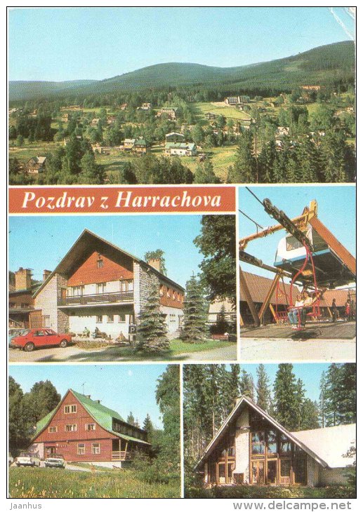 Harrachov - panorama - hotel Hubertus - cableway to Certova Hora - cottage Diana - Czechoslovakia - Czech - used 1989 - JH Postcards