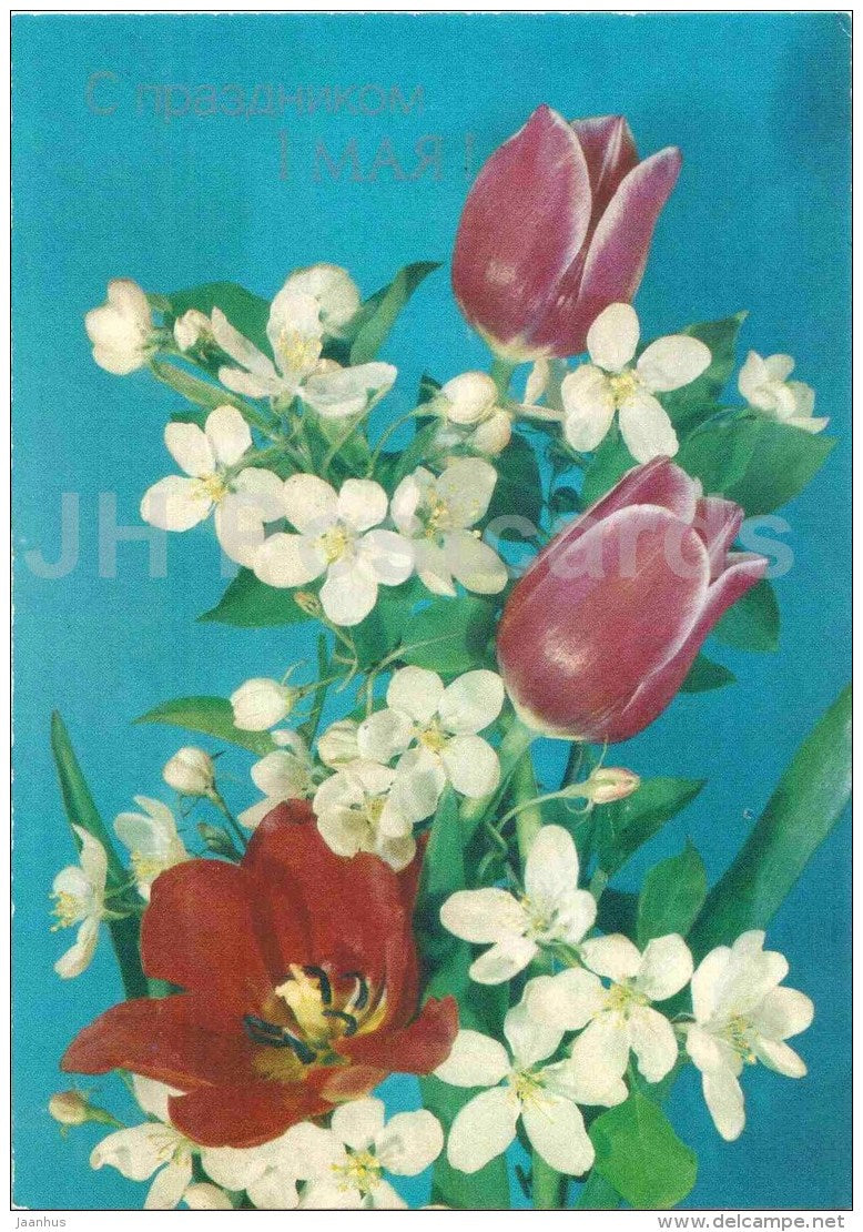 red tulips - 1st of May greeting card - flowers - postal stationery - 1989 - Estonia USSR - used - JH Postcards
